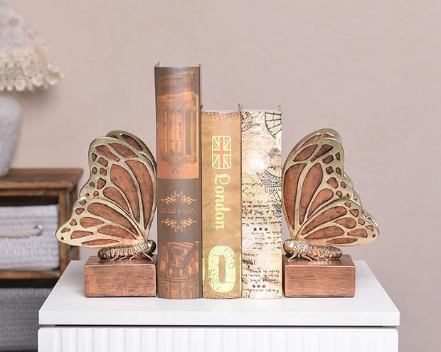 Vintage Brown Butterfly Bookends,Resin Book Ends for Shelves,Heavy Duty Decorative Bookends,Creative Book Stopper Holder Decor for Desk Home Office,Shelf Decoration,Gifts for Mother's Day