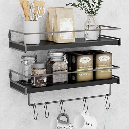 Wall Decor Floating Shelves, Home Decor with Towel Bar/Hooks, Wall Shelves for Bathroom/Living Room/Kitchen/Bedroom, (Black-Black) Floating Bathroom Shelves