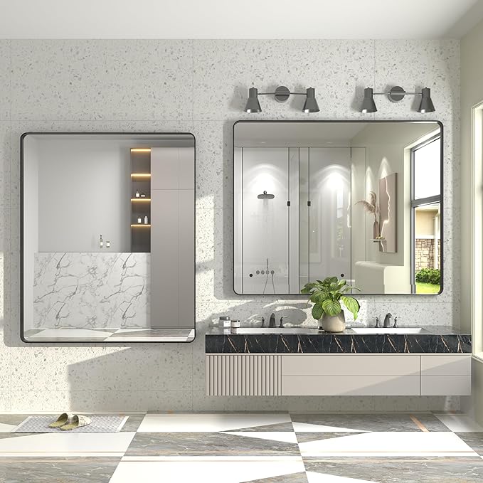 48x40 Inch Black Metal Framed Bathroom Mirror for Wall, Large Rounded Rectangle Mirror, Matte Black Bathroom Vanity Mirror, Anti-Rust, Shatterproof, Hangs Horizontally or Vertically
