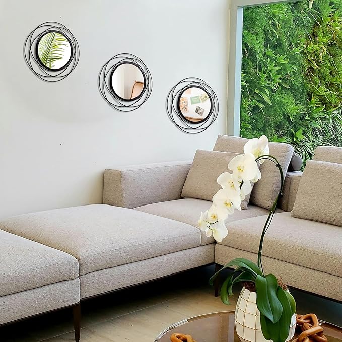 Cityelf 3 Set 13 Inch Black Circle Mirrors Wall Decor Iron Frame Wire Mirror Metal Circular Mirror Home Decor Hanging Mirrors for Room/Bedroom/Bathroom/Entryway