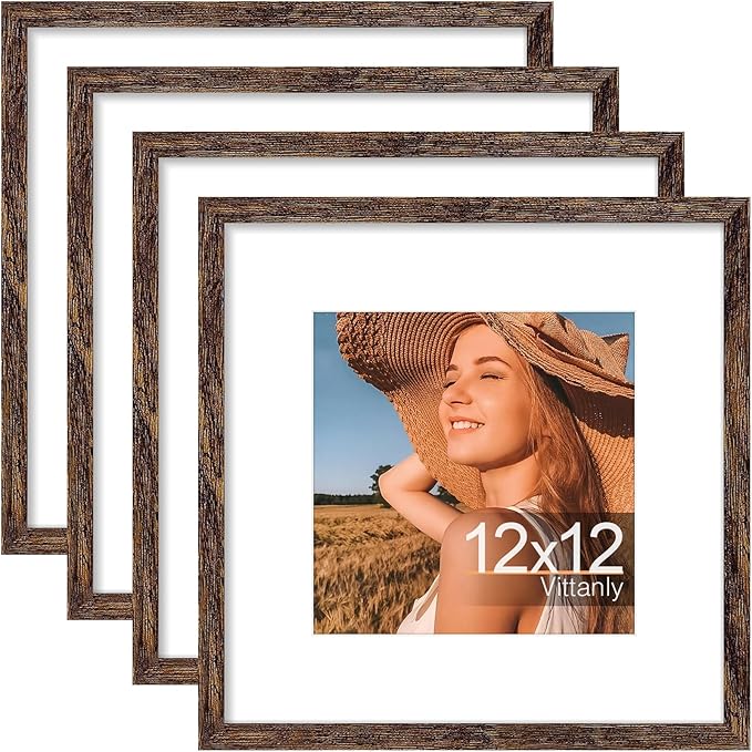 Vittanly 12x12 Picture Frames Set of 4, Display Pictures 8x8 with Mat or 12x12 without Mat, Gallery Frame for Wall Display, Engineered Wood with Shatter Resistant Plexiglass, Rustic Brown