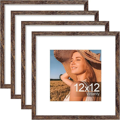 Vittanly 12x12 Picture Frames Set of 4, Display Pictures 8x8 with Mat or 12x12 without Mat, Gallery Frame for Wall Display, Engineered Wood with Shatter Resistant Plexiglass, Rustic Brown