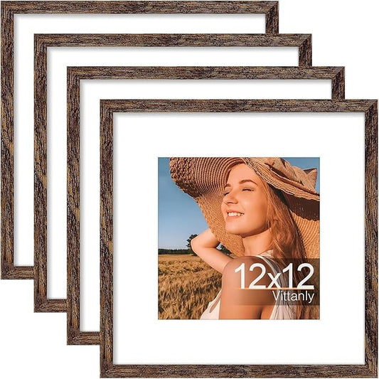 Vittanly 12x12 Picture Frames Set of 4, Display Pictures 8x8 with Mat or 12x12 without Mat, Gallery Frame for Wall Display, Engineered Wood with Shatter Resistant Plexiglass, Rustic Brown