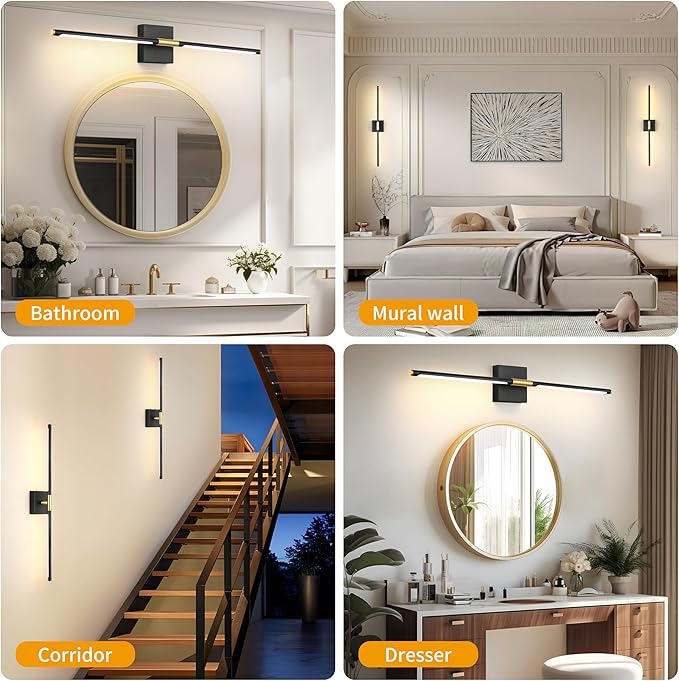 40 Inch Battery Operated Wall Sconce Set of Two, Dimmable Wall Sconces with Remote Control, Black Gold Rechargeable Sconces, Modern Wireless Wall Lights for Bathroom, Bedroom,Living Room