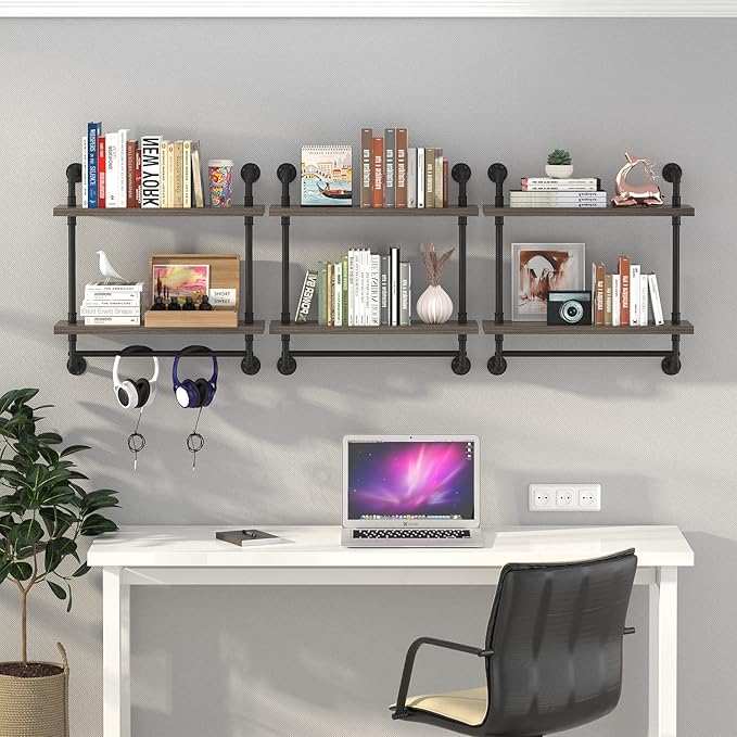 Helsin 2 Tier Wood Floating Shelves Towel Rack, Industrial Pipe Bathroom Shelves Wall Mounted with Towel bar, Wall Display Storage Shelf for Home & Bathroom Decor (Gray, 24inch)