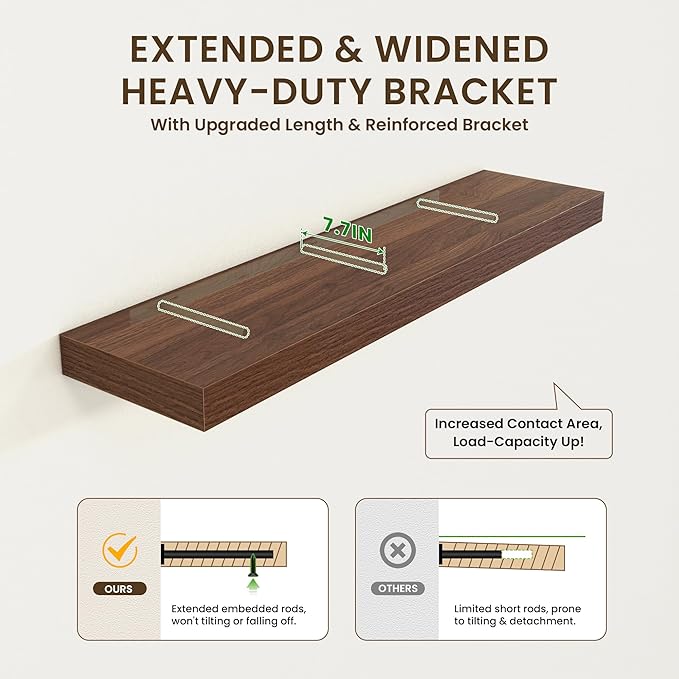 48 Inch Walnut Floating Shelf | 12 Inch Deep Floating Shelves Set of 1 | 48