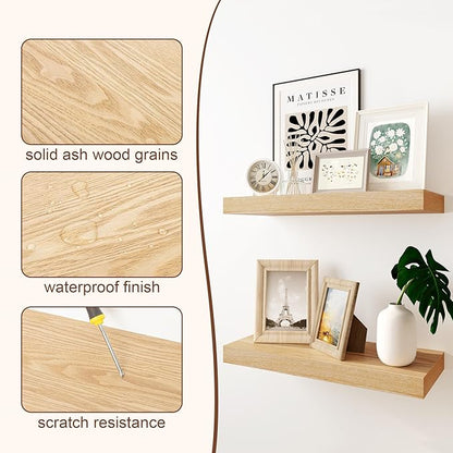 RICHFOCUS Floating Shelves for Wall | 9.3 Inch Deep Rustic Long Floating Shelves with Solid Ash Wood Veneer Set of 1 | 55 Inch Shelves with Upgraded Brackets | for Living Room Bathroom Home Office