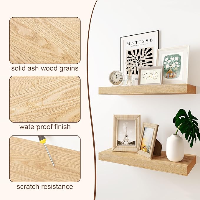 RICHFOCUS Floating Shelves for Wall | 36W x 9.3D Rustic Floating Shelves with Solid Ash Wood Veneer Set of 2 | Wood Wall Shelves with Upgraded Brackets | for Living Room Bathroom Home Office