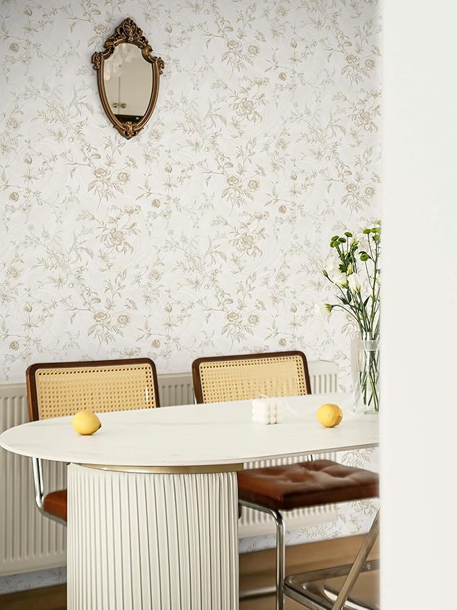 Ismoon Peel and Stick Wallpaper Floral Vintage Stick on Wall Paper Beige French Textured Contact Paper for Cabinet Removable Self Adhesive Wallpaper Vinyl Roll Shelf Deco, 17.3x118in