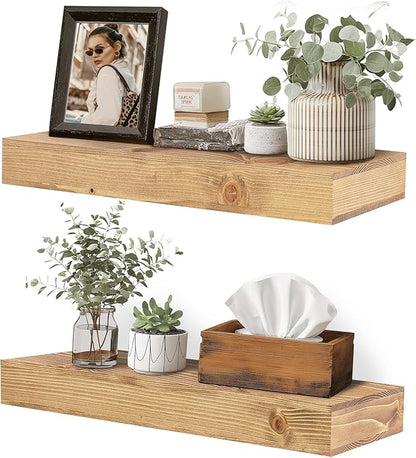 17x6.8x2 Inch Rustic Floating Shelves for Wall Set of 2 - Oak Solid Wood Wall Mounted Shelves with Invisible Bracket, Compact Design for Farmhouse Living Room Bedroom Kitchen Decor