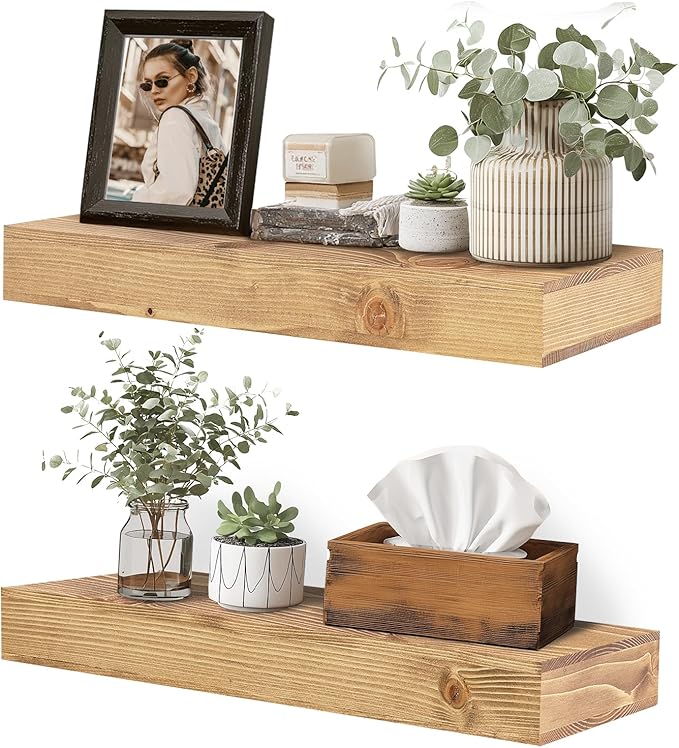 17x6.8x2 Inch Rustic Floating Shelves for Wall Set of 2 - Oak Solid Wood Wall Mounted Shelves with Invisible Bracket, Compact Design for Farmhouse Living Room Bedroom Kitchen Decor
