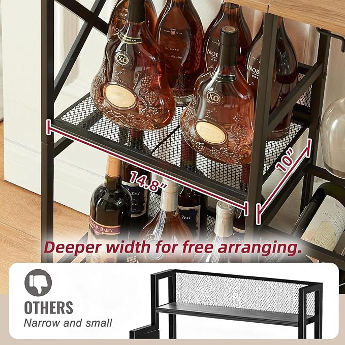 Wine Bar Cabinet, Rustic Freestanding Wine Rack with Glass Holder and Fence, Bar Cabinet with 2 Tier Storage, Liquor Shelf for Home Bar, Rustic Brown