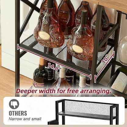 Wine Bar Cabinet, Rustic Freestanding Wine Rack with Glass Holder and Fence, Bar Cabinet with 2 Tier Storage, Liquor Shelf for Home Bar, Rustic Brown