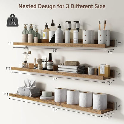 Axeman 36 Inch Floating Shelves | Brown Picture Ledge Shelf Set of 3 | Rustic Brown Wood Wall Shelves with Lip | 36" Picture Shelf for Wall with Ledge | Photo Shelves
