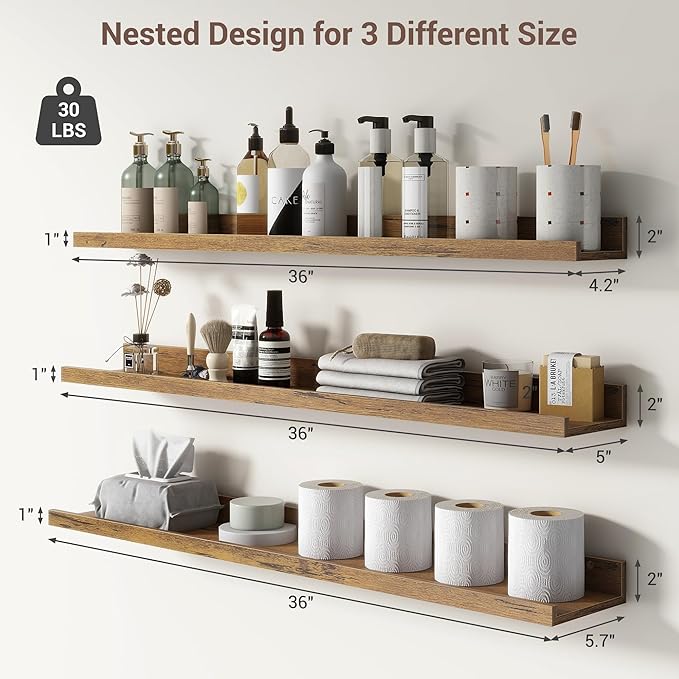 Axeman 36 Inch Floating Shelves | Brown Picture Ledge Shelf Set of 3 | Rustic Brown Wood Wall Shelves with Lip | 36