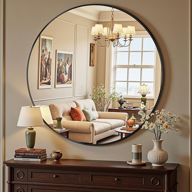 Antok 20 Inch Round Mirror for Wall, Round Bathroom Mirror, Circle Wall Mirrors with Black Metal Frame, Circle Mirrors Suitable for Wall, Bathroom, Vanity, Living Room, Entryway
