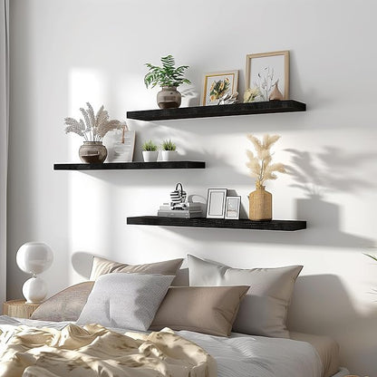PHPH 36 Inch Wood Floating Shelves for Wall, Wooden Wall Shelves for Bedroom, Set of 4 Black