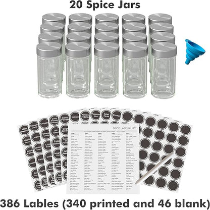 New England Stories Revolving Spice Rack Set with 20 Spice Jars, Kitchen Spice Tower Organizer for Countertop or Cabinet - Carousel Storage Includes 386 Spice Labels (Silver)