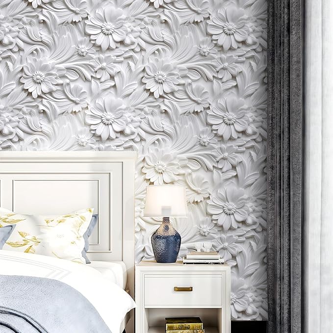 LACHEERY 3D Floral Wallpaper Peel and Stick Faux Embossed Wallpaper 17.5"x276" White Flower Wallpapers Vinyl Floral Contact Paper Peel and Stick Accent Wall Paper for Bedroom Bathroom Walls Cabinets