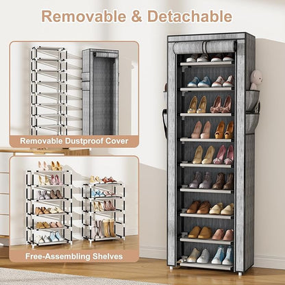 Shoe Rack with Cover Narrow Shoe Rack Organizer with 4 Side Pockets 10 Tier Tall Shoe Storage Shoe Shelf Holds 18-22 Pairs Shoes and Boots Shoe Rack for Closet, Printing