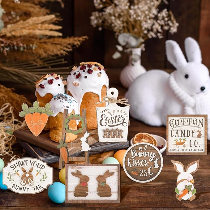 Amyhill 14 Pcs Easter Tiered Tray Decor Set Farmhouse Bunny Carrot Wooden Signs Rustic Spring Tiered Tray Decor Easter Table Decorations for Home Kitchen Coffee Bar Shelf