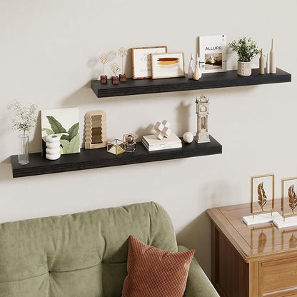 40 Inch Floating Shelves | 6.5 Inch Deep Black Floating Shelves Set of 2 | 40" W x 6.5" D Rustic Black Wood Wall Shelves with Invisible Brackets for Bathroom Living Room Bedroom