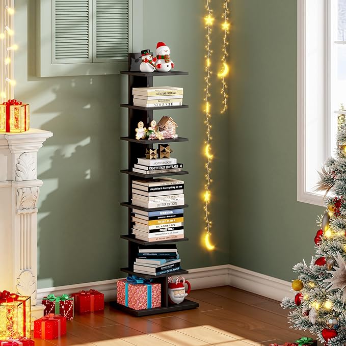 TUTOTAK Narrow Bookshelf, 8-Tier Bookcase, Spine Book Shelf for Small Space, Corner Standing Shelf for Living Room, Office, Study, Entryway, Black BS06BK008