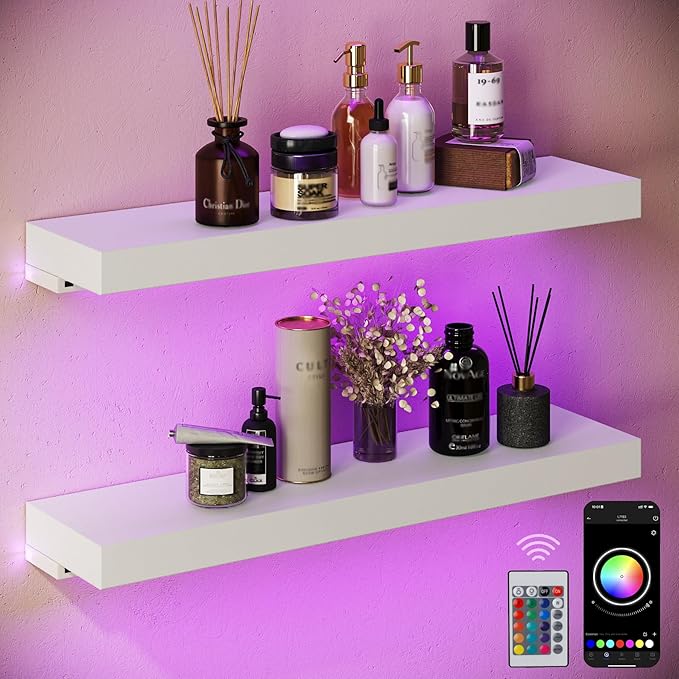 BAMEOS Floating Shelves with RGB LED for Wall, Sturdy Shelves with Light, Wall Mounted Display Shelves, Set of 2, Hanging Shelf for Bathroom, Bedroom, Kitchen, Living Room Storage, White