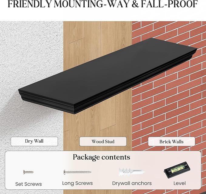 Fun Memories Floating Shelves 40 Inch Long, 9.3 Inch Deep Classic Crown Molding Floating Shelves for Wall, Rustic Wooden Shelves for Wall Decor Bathroom, Kitchen, Office, (Black, 1Pack)