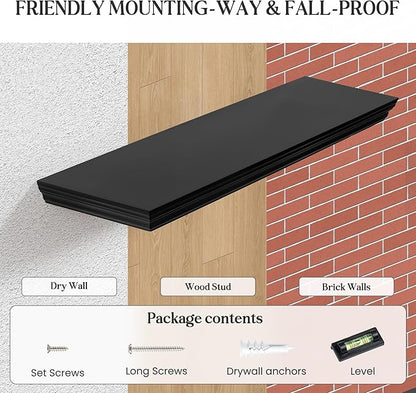Fun Memories Floating Shelves 24 Inch Long, 9.3 Inch Deep Classic Crown Molding Floating Shelves for Wall, Rustic Wooden Shelves for Wall Decor Bathroom, Kitchen, Office, (Black, 2Pack)
