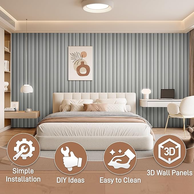 16 Packs 3D Wall Panels, 48 x 6 Inch WPC Slat Wall Panels for Wall Decor, Fluted Accent Wall Paneling for Living Room Bedroom TV Background Study Room Office, Grey Oak