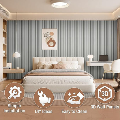 16 Packs 3D Wall Panels, 48 x 6 Inch WPC Slat Wall Panels for Wall Decor, Fluted Accent Wall Paneling for Living Room Bedroom TV Background Study Room Office, Grey Oak
