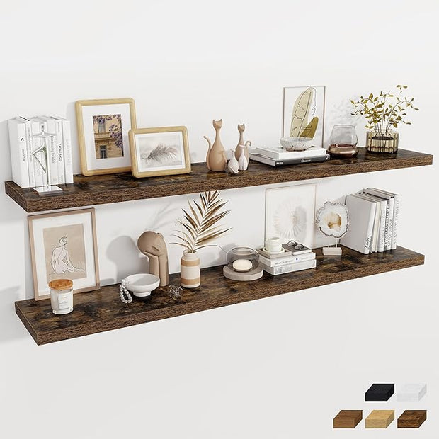 Fun Memories Brown Deep Floating Shelves, 72 x 12 Inch Long Wall Shelves, Large Display Shelf & Storage Shelf, Wood Floating Wall Shelves for Fireplace Mantel, Living Room, Home Office - Set of 2