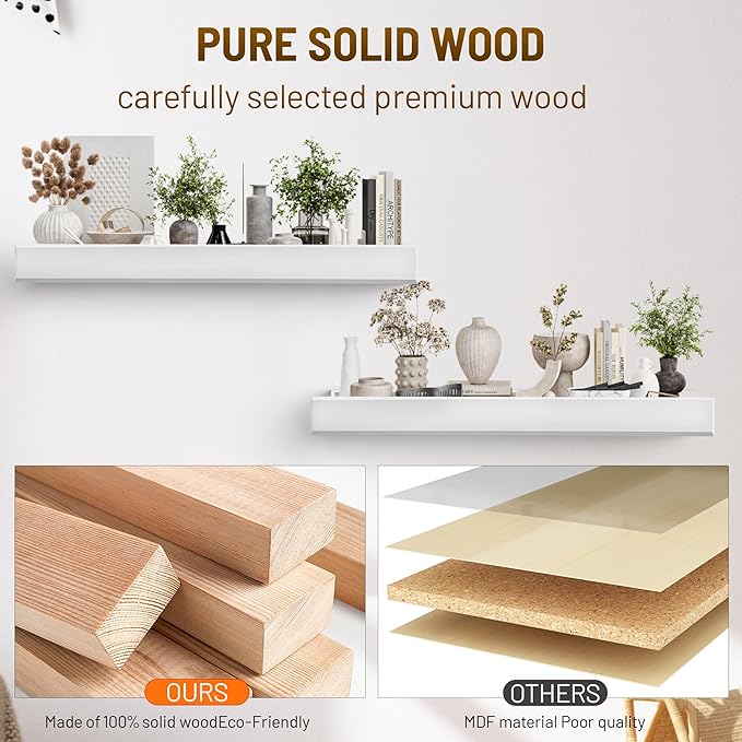 32 Inch Picture Ledge Shelf with Lip,Floating Shelves for Wall, Set of 2 Solid Pine Wood Shelves with Invisible Brackets, Wall Storage for Living Room, Bedroom, Kitchen, Bathroom(White)