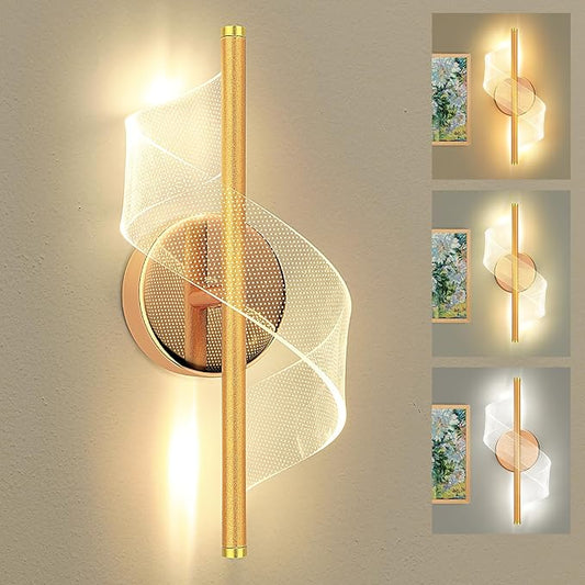 Modern LED Wall Sconce - 12" Height Spiral Wall Lamp with Acrylic Shade - 3000K 4000K 6000K Indoor Hardwired Wall Fixture for Bedroom Living Room Hallway Corridor (Gold 1pack)