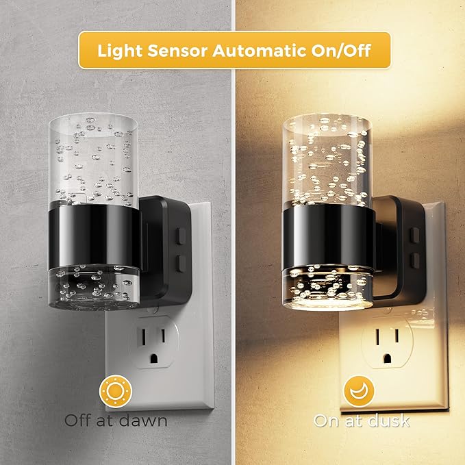 L LOHAS LED Night Lights Plug into Wall 2 Pack, Dimmable Night Light with Dusk-to-Dawn Sensor, Cool White/Soft White/Amber 3 Color Light, Adjustable Brightness, Bubble Nightlight with Rotatable Plug