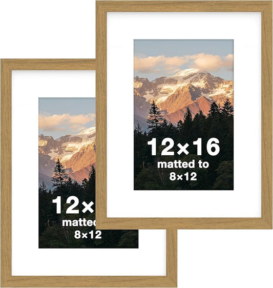 FrameWorks 2-Pack, 12x16 Matted to 8x12 Picture Frame, Golden Oak – Classic Wooden Photo Frame with Tempered Glass, Modern Matte Finish for Prints, Posters, Certificates & Wall Decor – Gallery-Ready