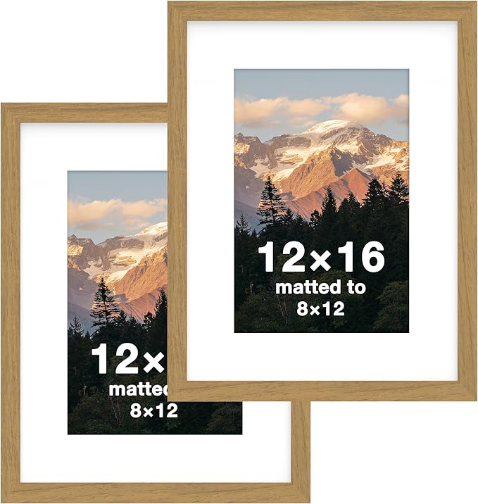 FrameWorks 2-Pack, 12x16 Matted to 8x12 Picture Frame, Golden Oak – Classic Wooden Photo Frame with Tempered Glass, Modern Matte Finish for Prints, Posters, Certificates & Wall Decor – Gallery-Ready