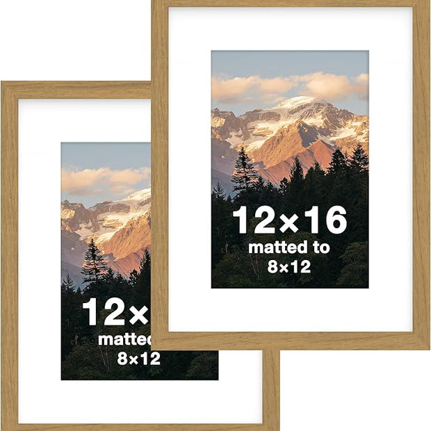 FrameWorks 2-Pack, 12x16 Matted to 8x12 Picture Frame, Golden Oak – Classic Wooden Photo Frame with Tempered Glass, Modern Matte Finish for Prints, Posters, Certificates & Wall Decor – Gallery-Ready
