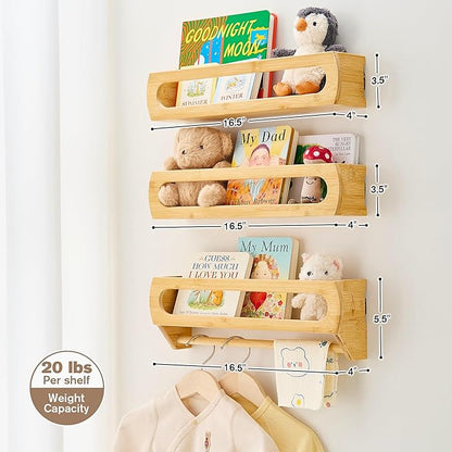 Nursery Book Shelves, Premium Bamboo Wood, Fully Assembled - Nursery Decor, Book Shelf for Kids Rooms, Multi-Use Floating Shelves for Wall with Hanger Bar, Set of 3 (Natural, 16.5 Inches)