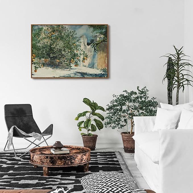OIQArtOIQ Framed Vintage Landscape Wall Art Orange Trees Still Life Oil Painting Canvas Prints Country Farmhouse Aesthetic Decor Pictures for Kitchen Bedroom Living Room Bathroom