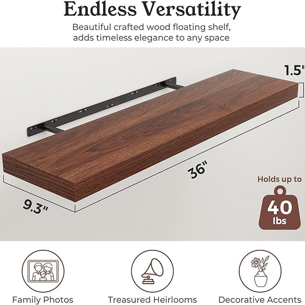 Floating Shelves for Wall, 9.3" Deep Wall Mounted Wood Shelves for Bathroom, Bedroom, Living Room, Kitchen, Hanging Shelf for Books/Storage/Room Decor (Walnut, 36")
