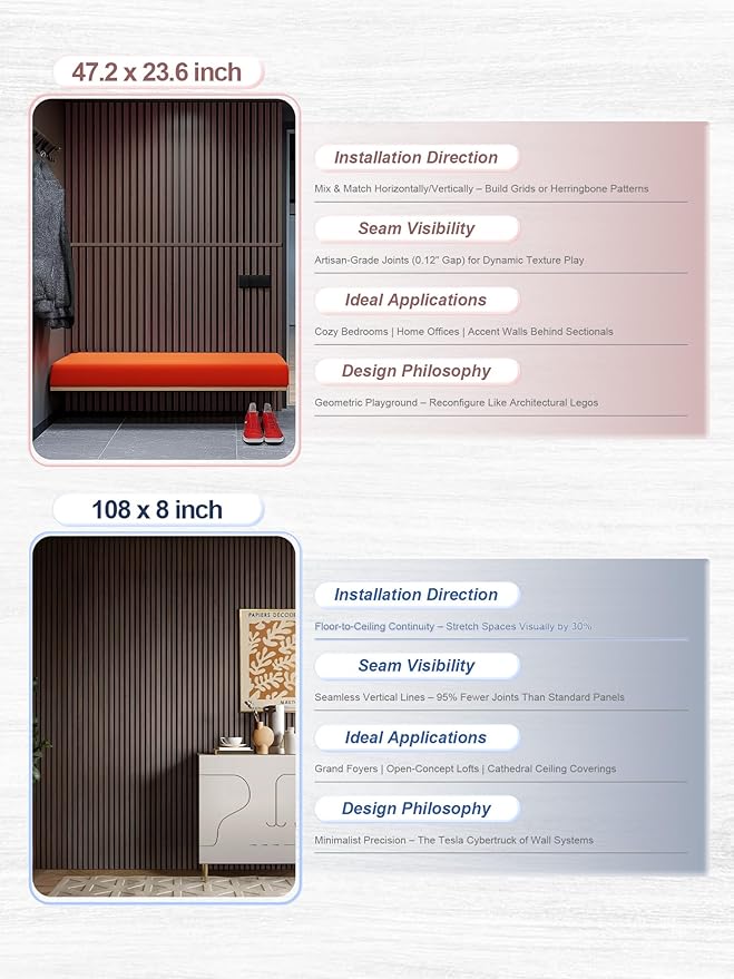 Mollywell Wood Slat Wall Panels - Time-Saving Installation Soundproof Slat Panels on Any Wall Surface, 0.95 NRC Dual-Layer Acoustic Design, Commercial-Grade MDF Core (2 Pack, 108x8in, Dark Walnut)