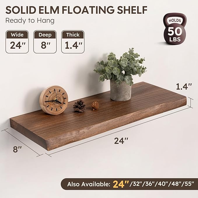 Live Edge Floating Shelves Set of 2, 24 Inch Solid Elm Wood Wall Shelves - Invisible Bracket Mount for Living Room, Bedroom, Kitchen, Bathroom | Vintage Rustic Decor
