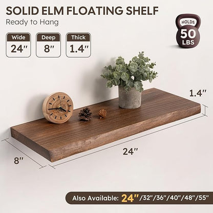 Live Edge Floating Shelves Set of 2, 24 Inch Solid Elm Wood Wall Shelves - Invisible Bracket Mount for Living Room, Bedroom, Kitchen, Bathroom | Vintage Rustic Decor