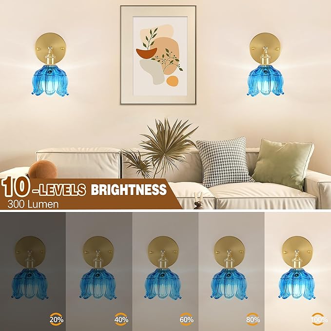 Vintage Battery Wall Sconce with Flower lampshade,Rechargeable Battery Powered Wall Lights,Wall lamp with 15 Colors for Bedroom Living Room Home Decor (Flower Blue, 1 Light Battery Operated)