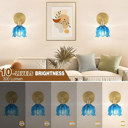 Vintage Battery Wall Sconce with Flower lampshade,Rechargeable Battery Powered Wall Lights,Wall lamp with 15 Colors for Bedroom Living Room Home Decor (Flower Blue, 1 Light Battery Operated)