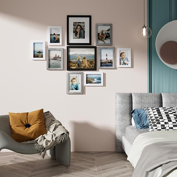 Vittanly Picture Frames Set of 10, Picture Frames Collage Wall Decor with Two 8x10, Four 5x7, and Four 4x6 Photo Frames, Gallery Wall Frame Set for Wall or Tabletop Display, Black, Grey and White
