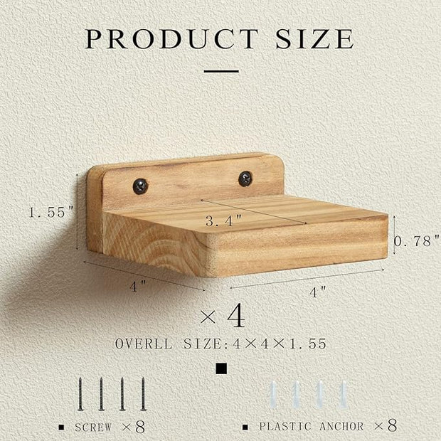 Freezing point Small Floating Shelf for Wall Set of 4 Natural Wood 4Inch Mini Wall Shelves Decor Plant Display Collectibles Mounted Kitchen Bathroom Bedroom Corner Decorative Storage Tiny Stand