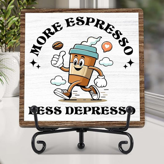 Coffee Bar Decor, Farmhouse Kitchen Table Decor, Coffee Station Accessories, Wooden Decorative Sign with Iron Stand for Table Desk Shelf Display-E25
